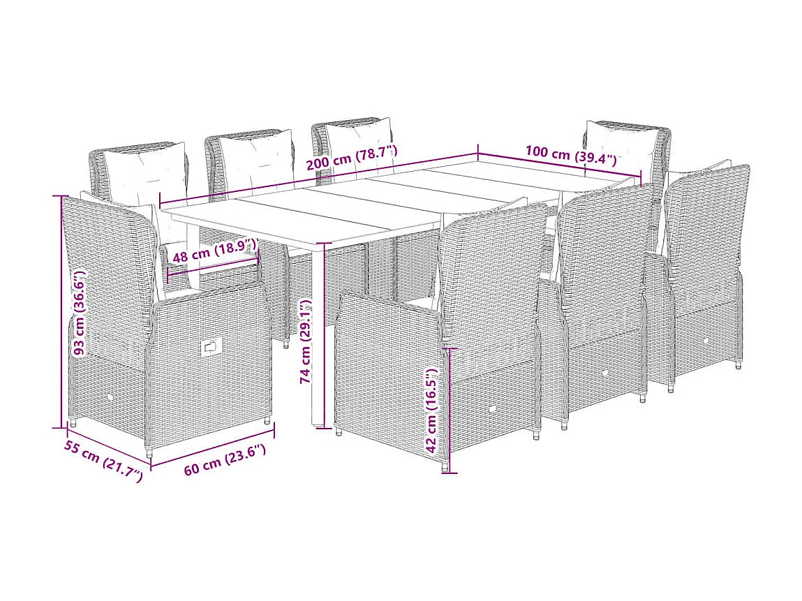 9-delige Tuinset met kussens poly rattan grijs