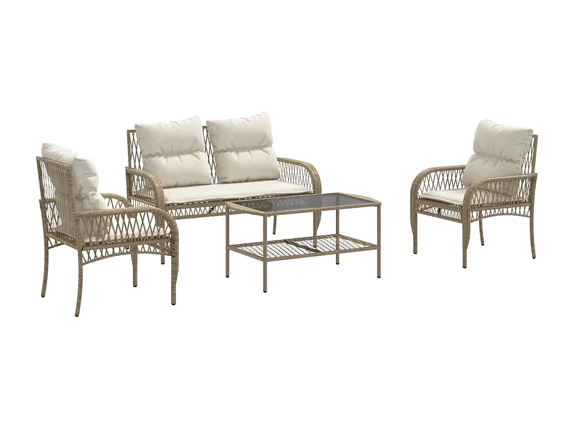 Set Divano da Giardino 4 pz con Cuscini Beige in Polyrattan