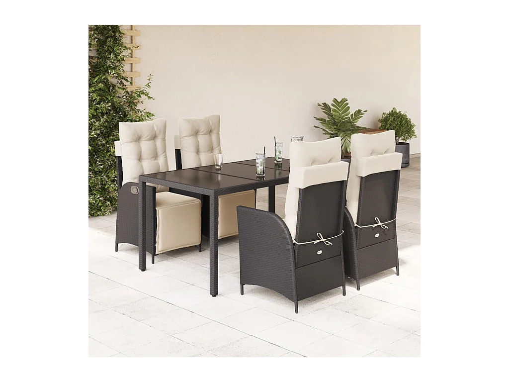 Ensemble à manger de jardin coussins 5pcs Noir Résine tressée