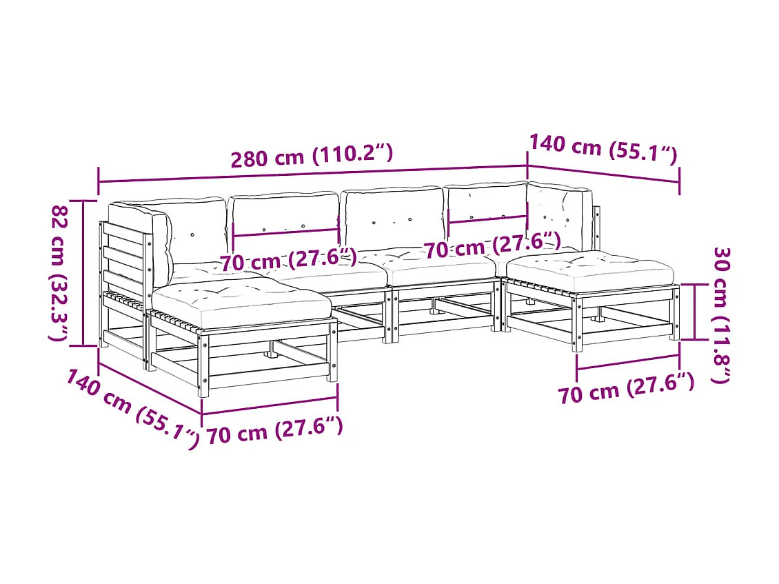 Set Divani da Giardino 6pz con Cuscini Legno Impregnato di Pino