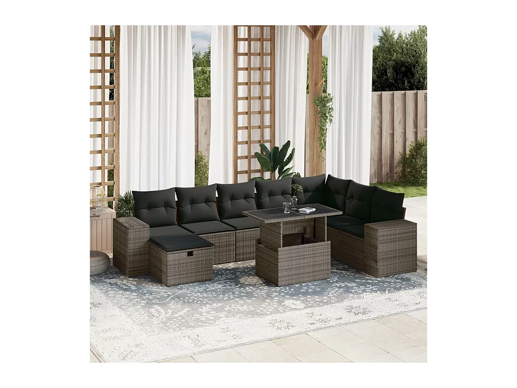 9-tlg. Garten-Sofagarnitur mit Kissen Grau Poly Rattan