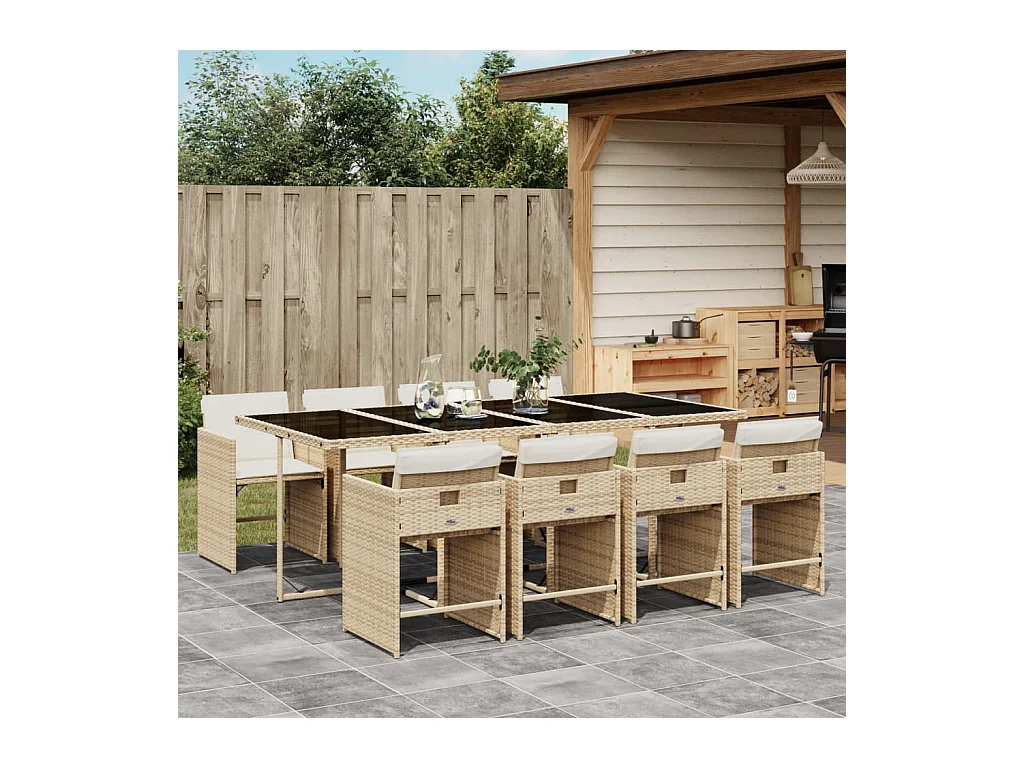 Ensemble à manger de jardin et coussins 9 pcs beige Poly rotin