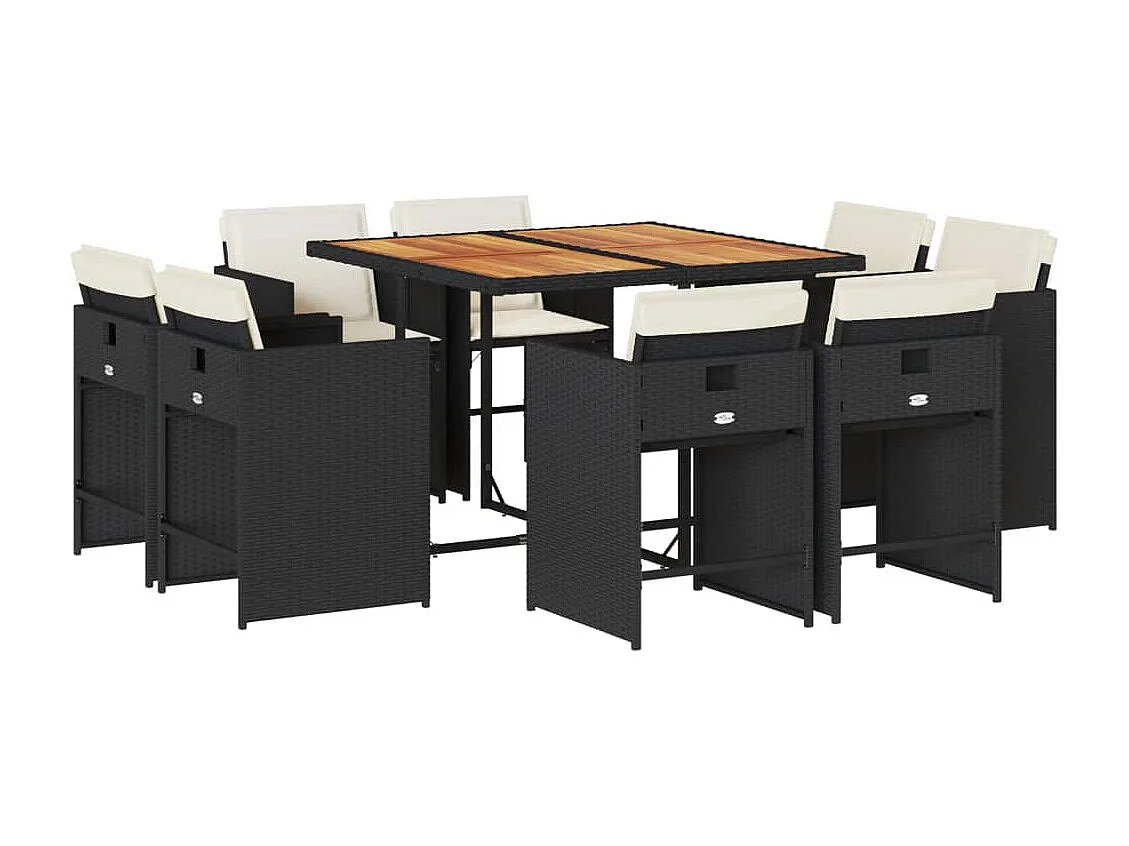 Set de comedor de jardín 9 pzas y cojines ratán sintético negro