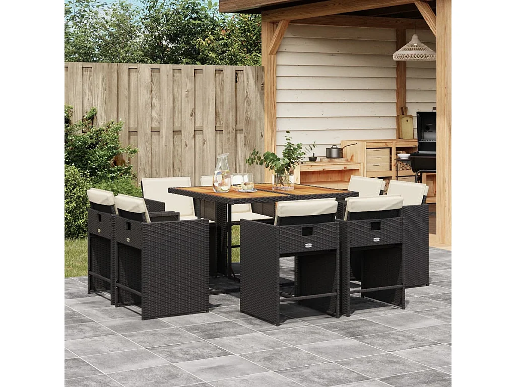 Set da Pranzo da Giardino 9 pz con Cuscini Nero in Polyrattan