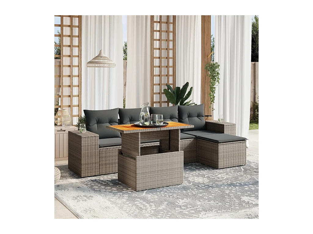 Set Divano da Giardino 6 pz con Cuscini Grigio in Polyrattan