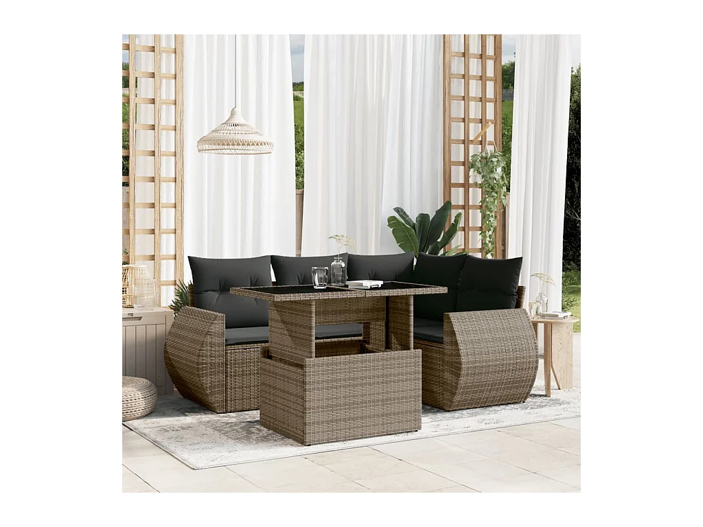 Salon de jardin 5 pcs avec coussins gris résine tressée