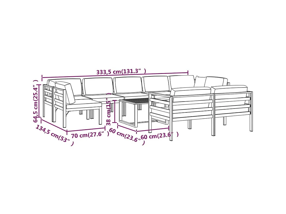 Set Divani da Giardino 10 pz con Cuscini in Alluminio Antracite