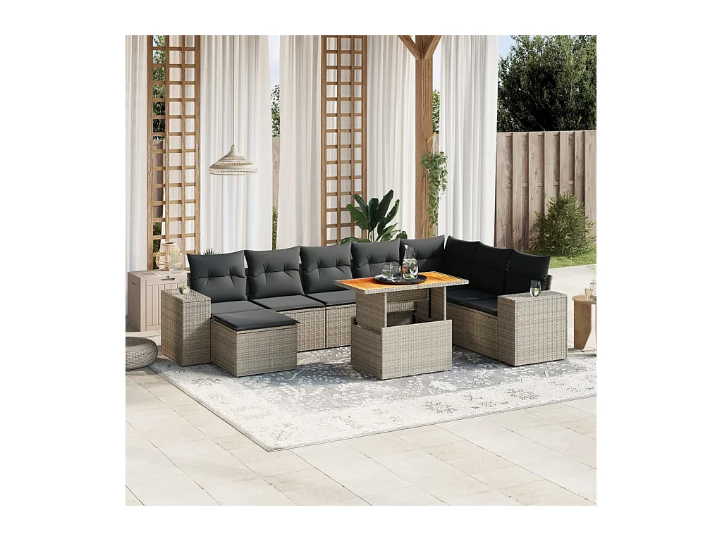 Salon de jardin 9 pcs avec coussins gris résine tressée