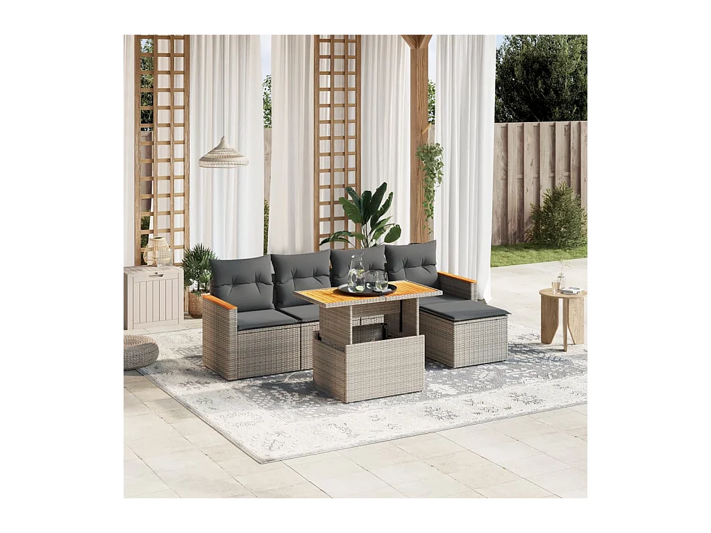 6-delige Loungeset met kussens poly rattan grijs