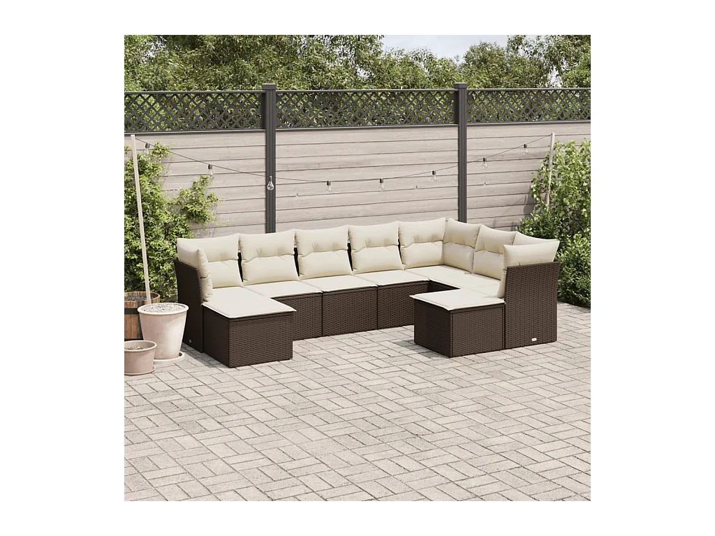 Salon de jardin avec coussins 9 pcs marron résine tressée