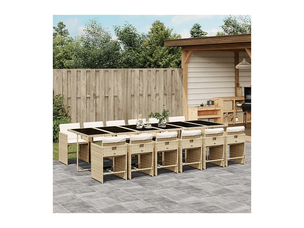 Set da Pranzo da Giardino 13 pz con Cuscini Beige in Polyrattan