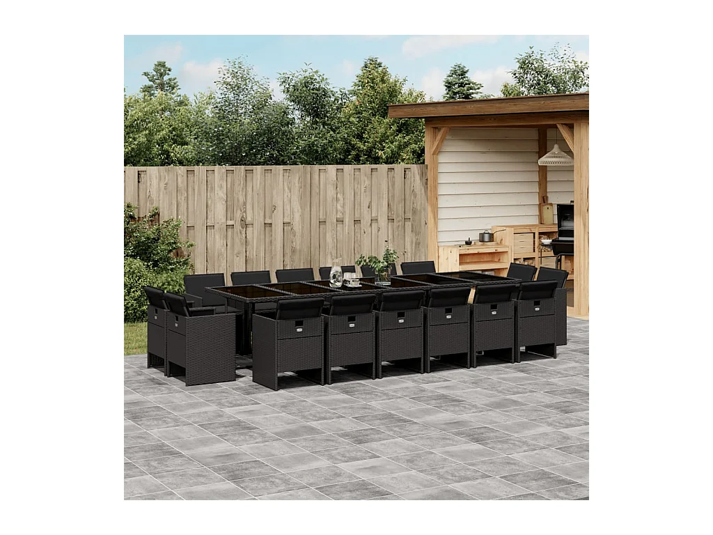 Ensemble à manger de jardin 17 pcs coussins noir résine tressée