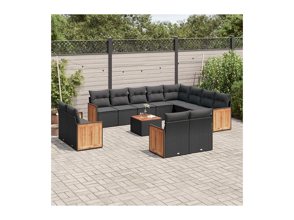 Salon de jardin avec coussins 13 pcs noir résine tressée