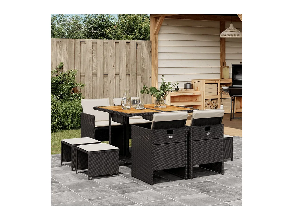 9-tlg. Garten-Essgruppe mit Kissen Schwarz Poly Rattan