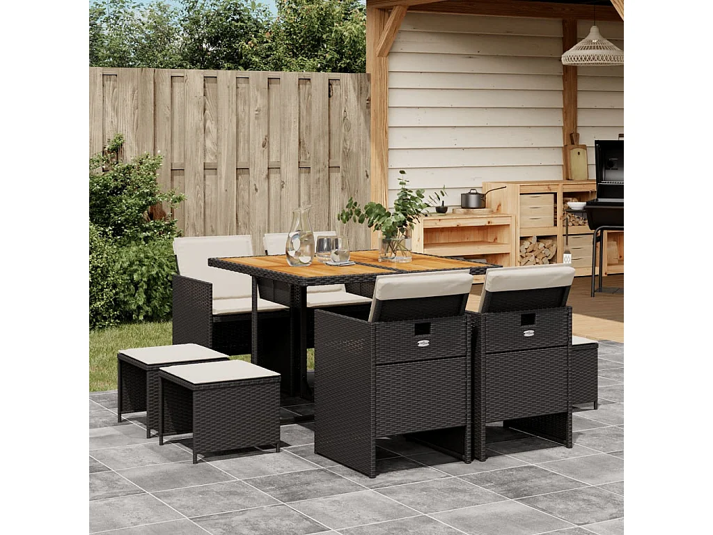 9-tlg. Garten-Essgruppe mit Kissen Schwarz Poly Rattan