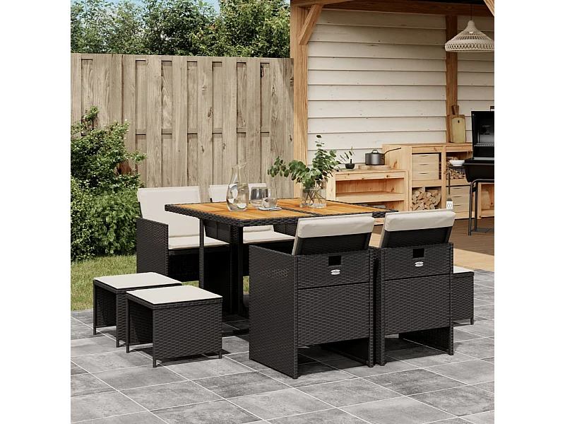 9-tlg. Garten-Essgruppe mit Kissen Schwarz Poly Rattan