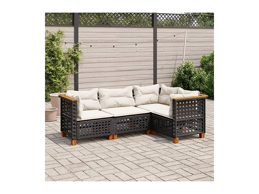 4-delige Loungeset met kussens poly rattan zwart