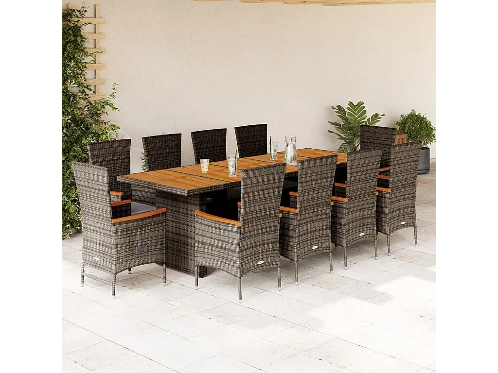 Set da Pranzo da Giardino 11pz con Cuscini in Polyrattan Grigio