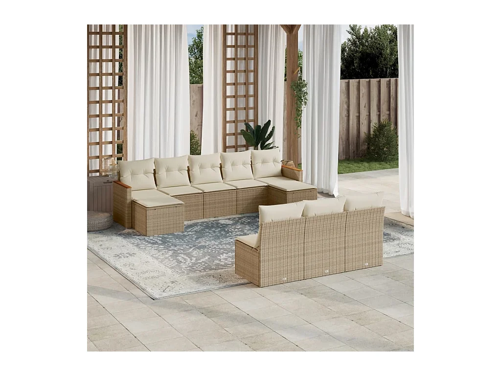 Set Divano da Giardino 10 pz con Cuscini Beige in Polyrattan