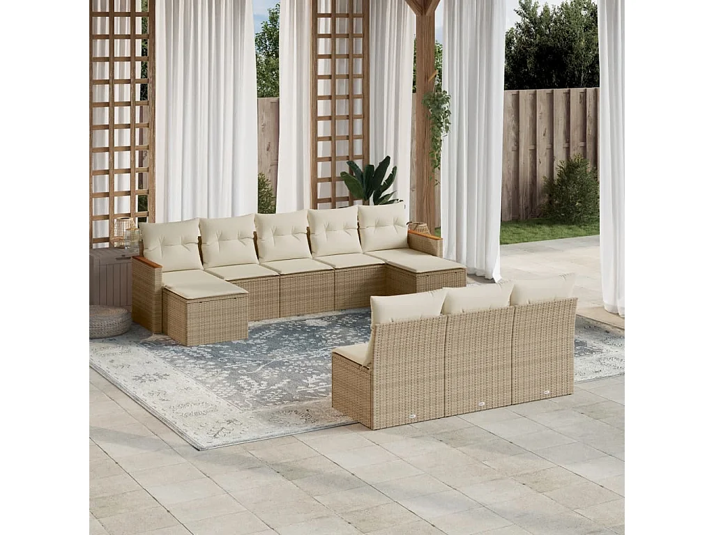 Salon de jardin avec coussins 10 pcs beige résine tressée
