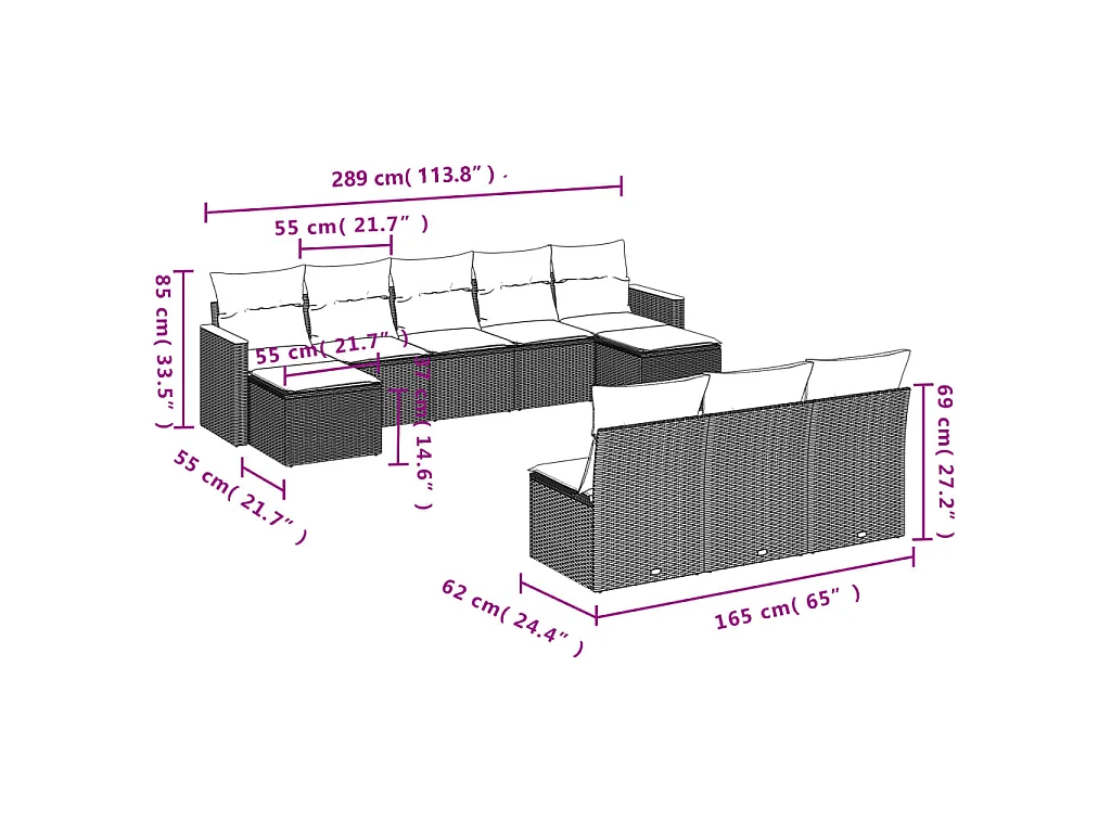 10-delige Loungeset met kussens poly rattan beige