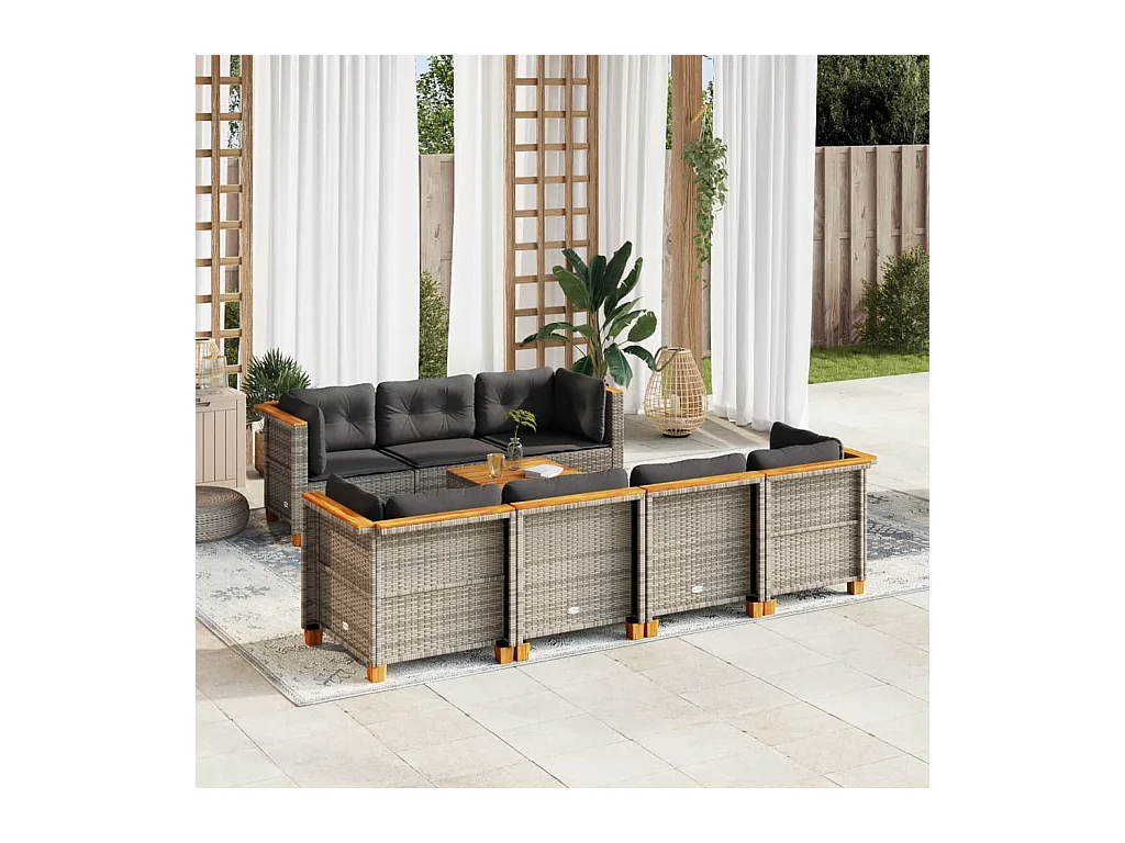 8-tlg. Garten-Sofagarnitur mit Kissen Grau Poly Rattan