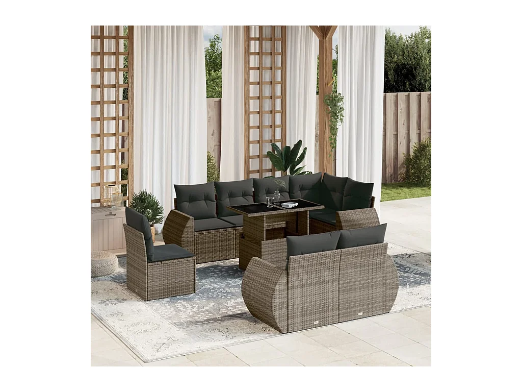 Salon de jardin 9 pcs avec coussins gris résine tressée