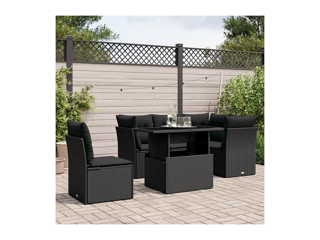 Set Divano da Giardino 6 pz con Cuscini Nero in Polyrattan