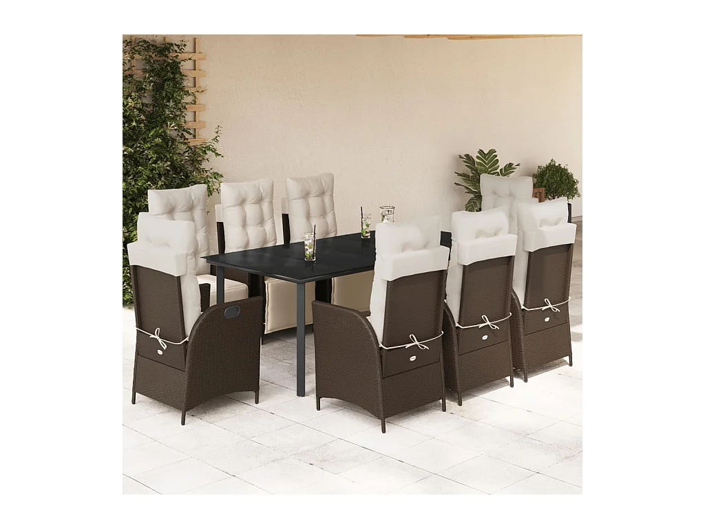 Ensemble à manger de jardin et coussins 9 pcs marron poly rotin
