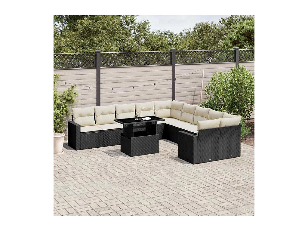 11-tlg. Garten-Sofagarnitur mit Kissen Schwarz Poly Rattan