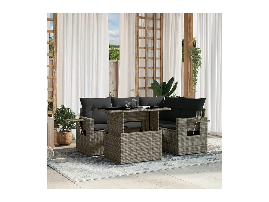 Salon de jardin 5 pcs avec coussins gris résine tressée