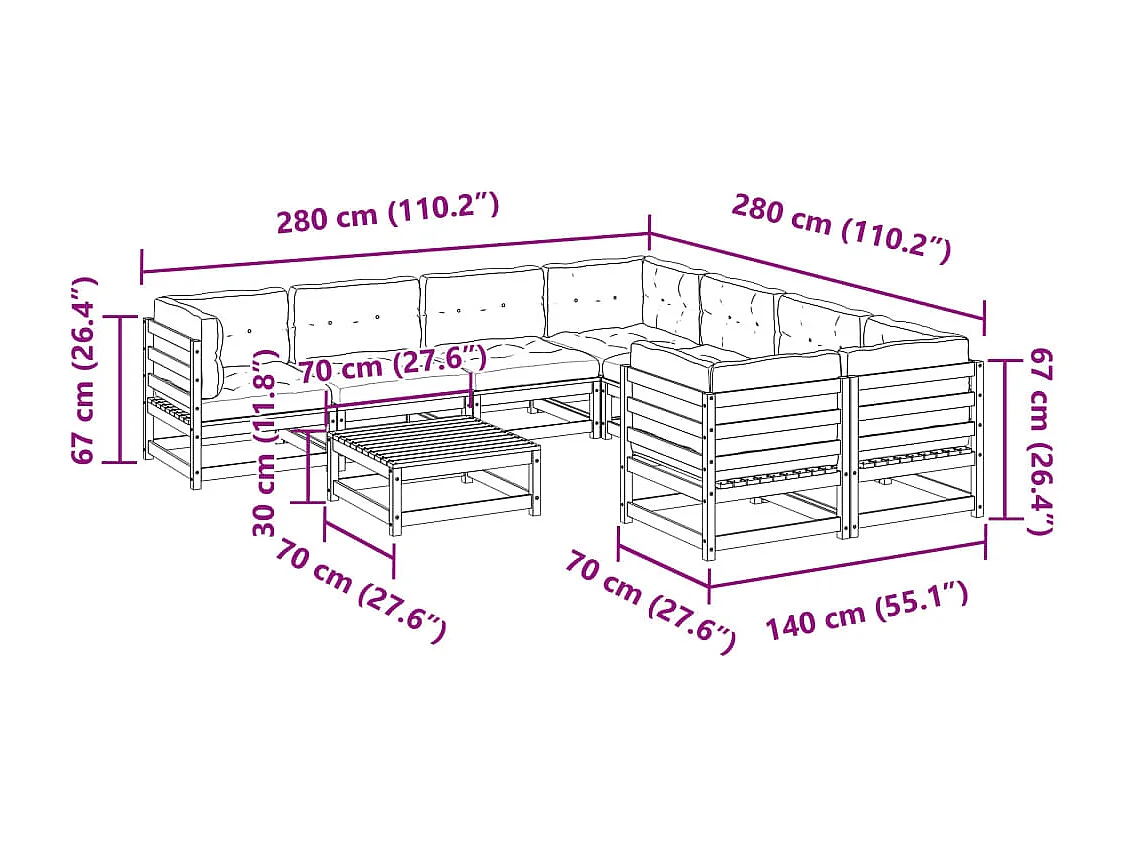 Salon de jardin 9 pcs avec coussins sapin de douglas solide