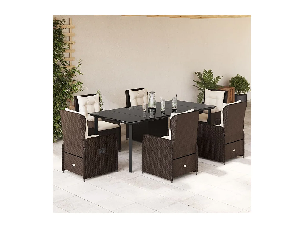 Ensemble à manger de jardin et coussins 7 pcs marron rotin