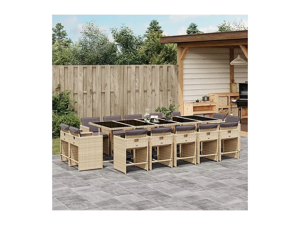 Set Pranzo da Giardino 15 pz con Cuscini Beige Misto Polyrattan