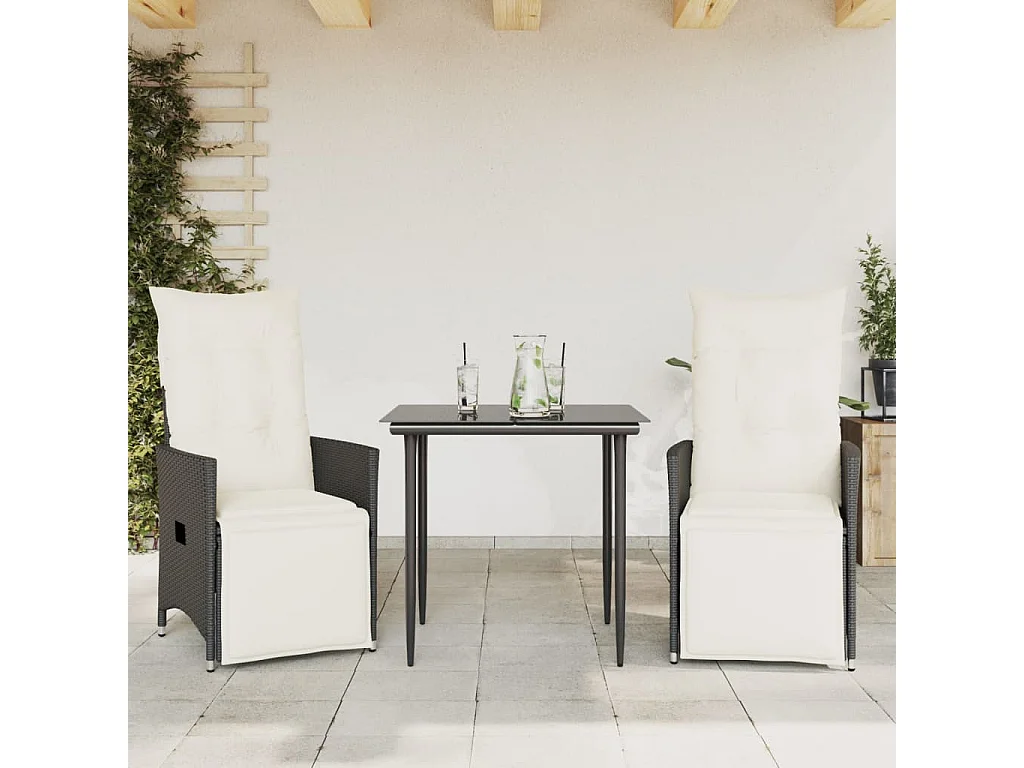 Chaises inclinables de jardin lot de 2 et coussins noir rotin