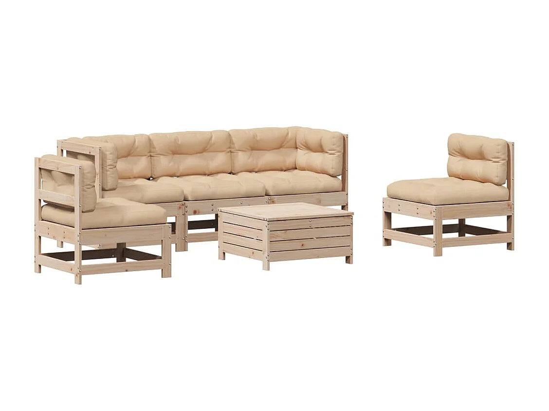 Salon de jardin 6 pcs avec coussins Bois de pin massif
