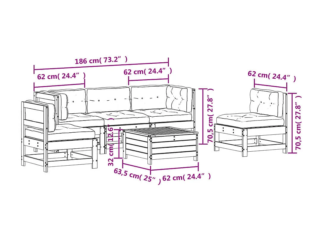 Salon de jardin 6 pcs avec coussins Bois de pin massif