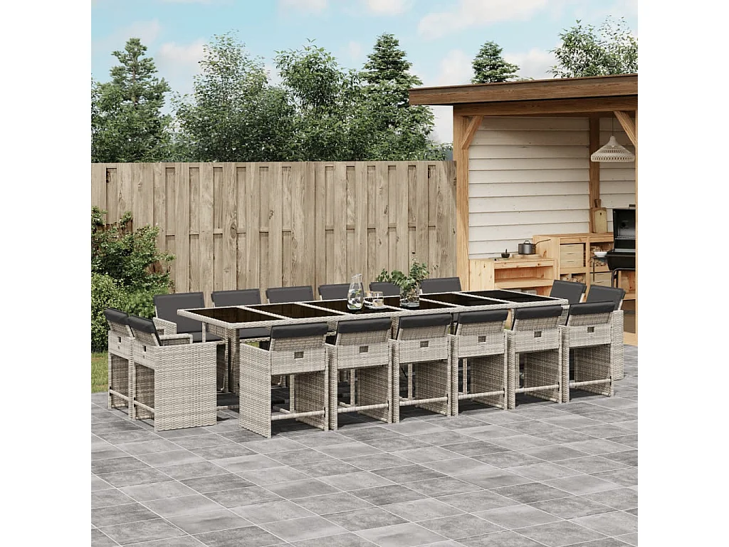 Set da Pranzo da Giardino 17pz con Cuscini Grigio in Polyrattan