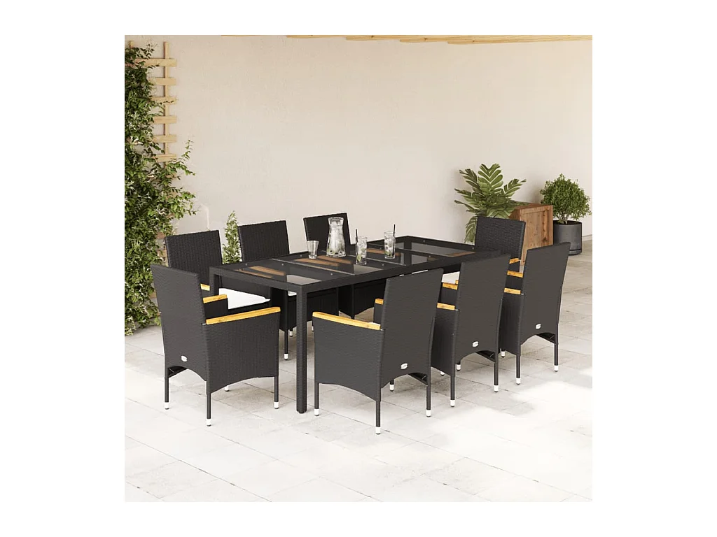 Ensemble à manger de jardin et coussins 9 pcs noir rotin verre