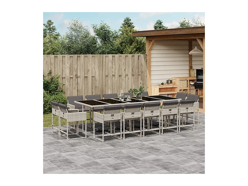 Ensemble à manger de jardin et coussins 15 pcs gris clair rotin