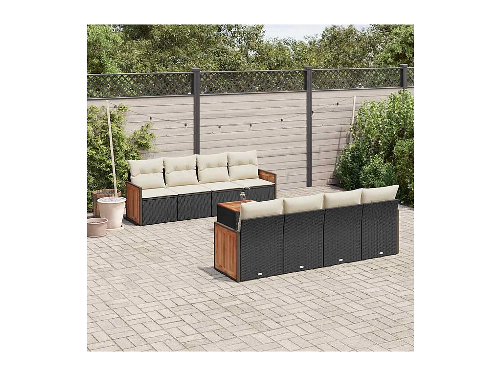 Salon de jardin 9 pcs avec coussins noir résine tressée
