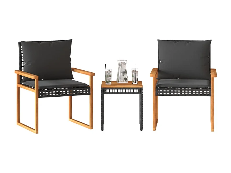 Conjunto de bistrô com almofadões 3 pcs vime PE e acácia preto