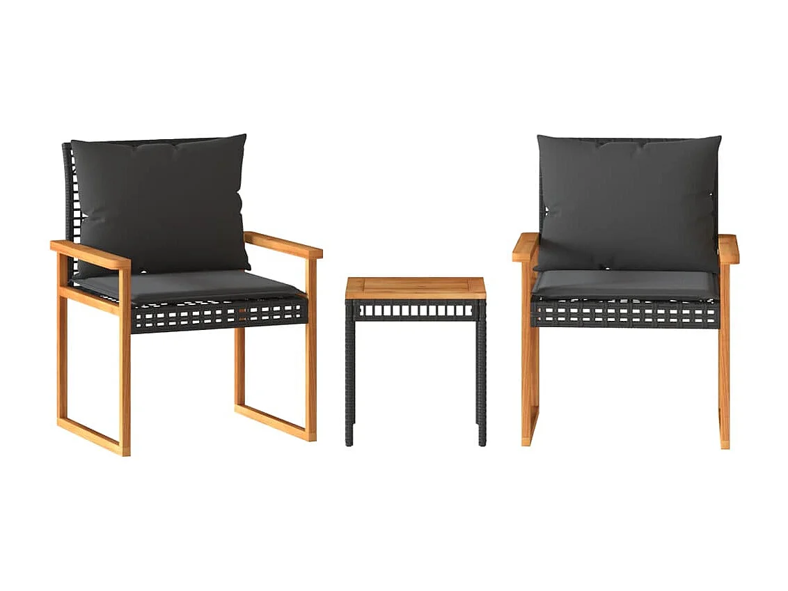3-tlg. Bistro-Set mit Kissen Schwarz Poly Rattan Akazienholz