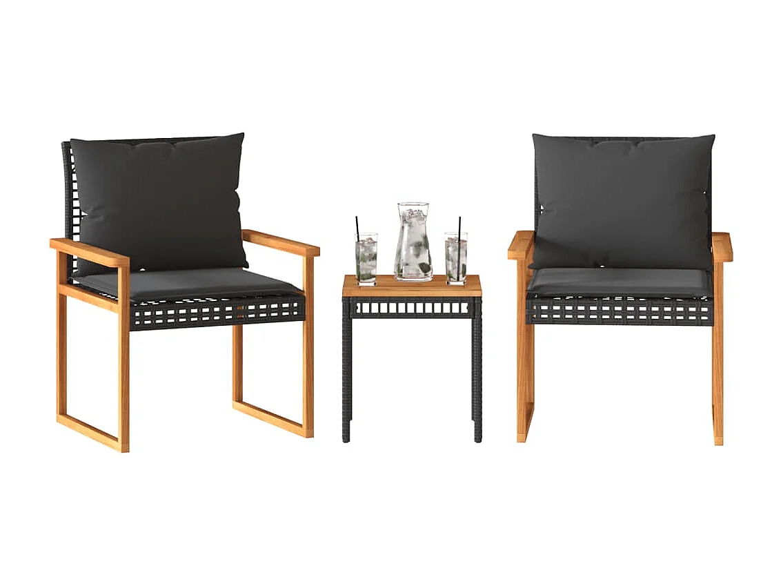 3-tlg. Bistro-Set mit Kissen Schwarz Poly Rattan Akazienholz