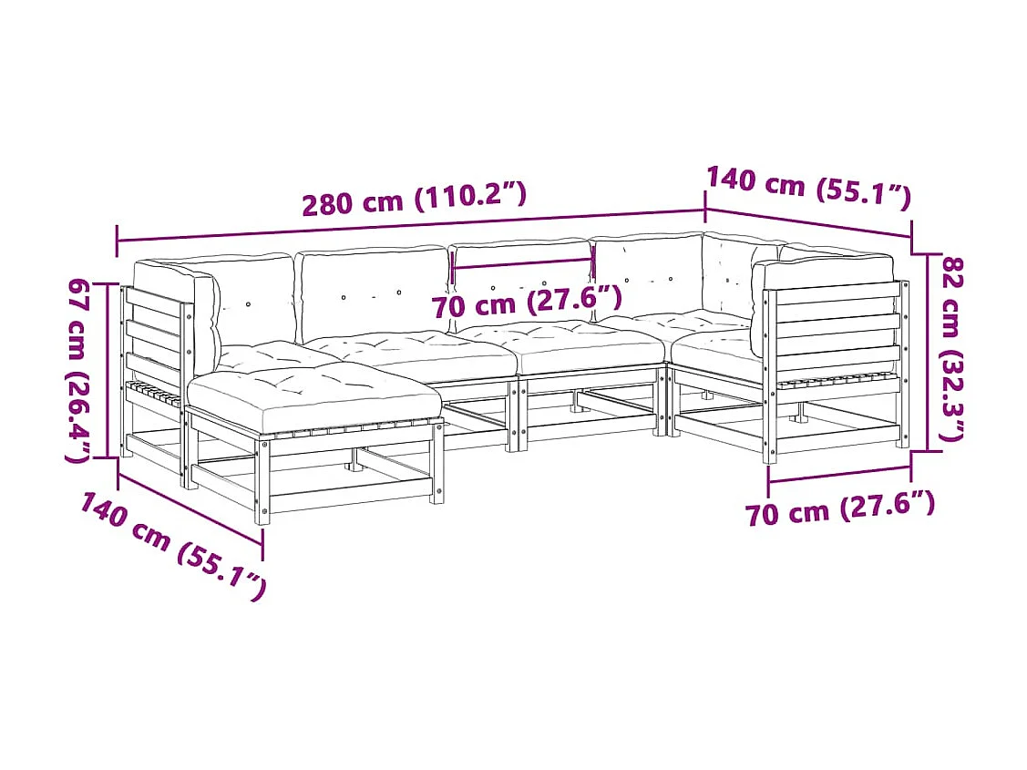 Salon de jardin 6 pcs avec coussins bois de pin massif