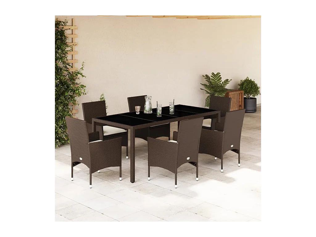 7-delige Tuinset met kussens poly rattan en glas bruin