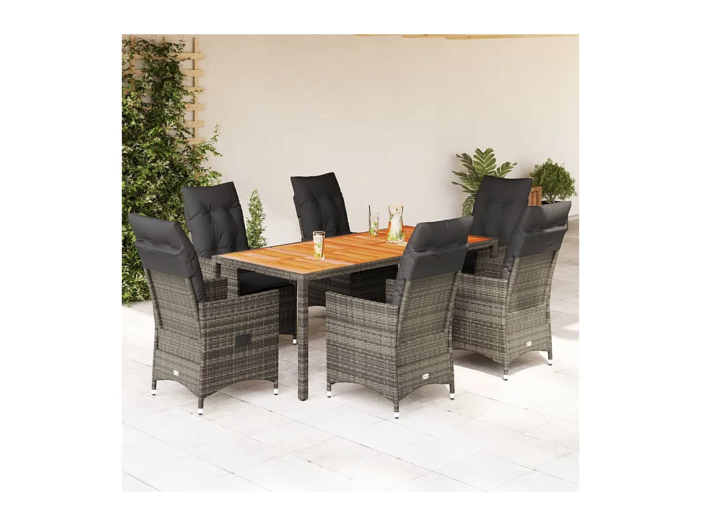 7-tlg. Garten-Essgruppe mit Kissen Grau Poly Rattan