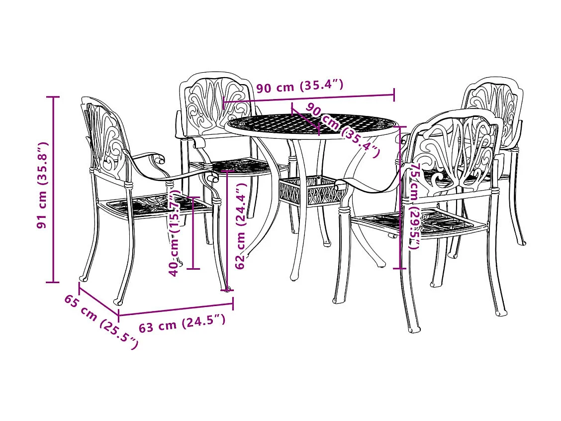 Ensemble manger de jardin 5 pcs bronze aluminium coulé