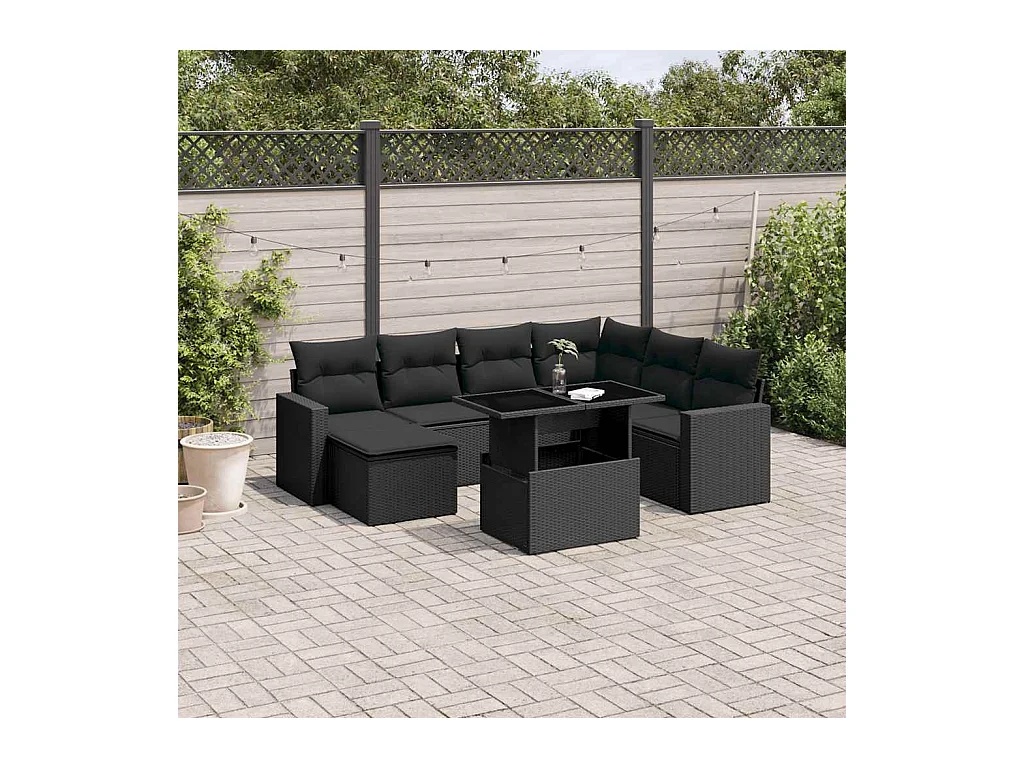 Salon de jardin 8 pcs avec coussins noir résine tressée