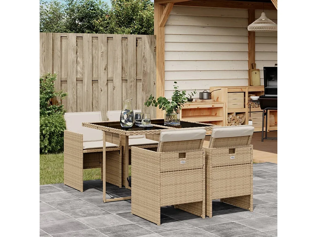 Ensemble à manger de jardin avec coussins 5pcs Beige poly rotin